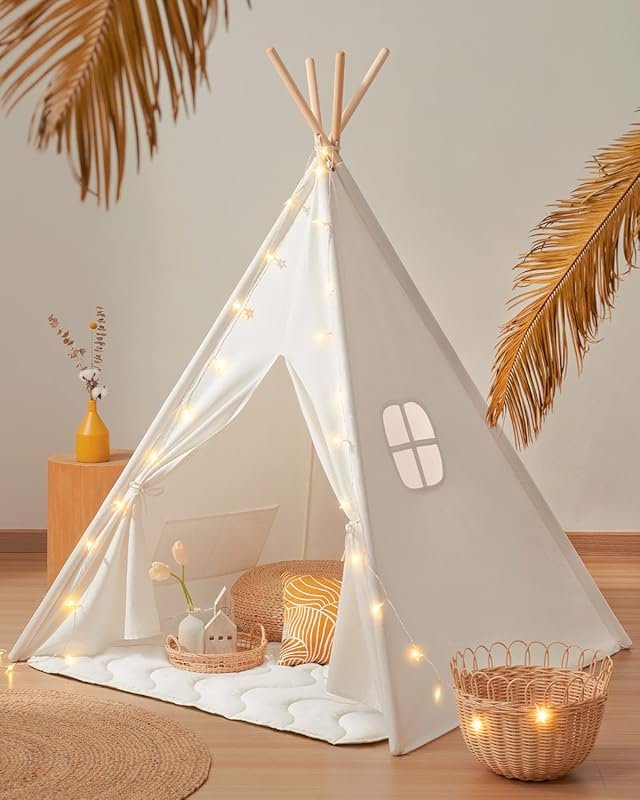 Tiny Land Cotton Teepee Tent with Padded Mat & Star Lights, Foldable I