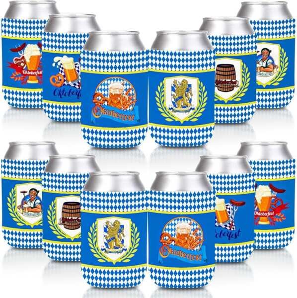 Whaline Oktoberfest Can Cooler Sleeves: Blue White Plaid Bavarian Styl