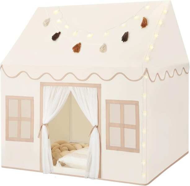 Indoor Kids Play Tent with Mat, Tassels, Star Lights, Fun Toy for Boys