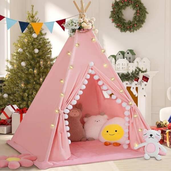 Pink Cotton Canvas Teepee Tent for Kids with Padded Mat, Pompons, Star