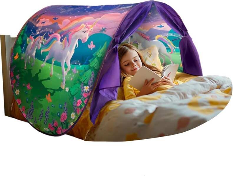 Unicorn Themed Toddler Bed Canopy Tent, Glow-in-the-Dark Elements for