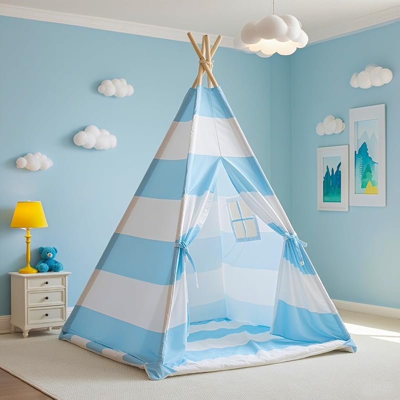 Teepee Tent for Kids with Padded Mat & Lights, Washable Indoor Playhou