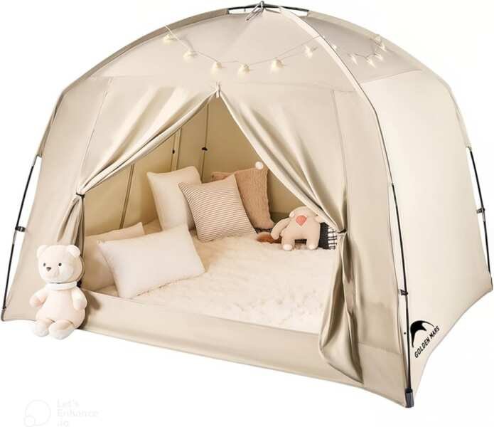 Breathable Blackout Bed Tent for Kids & Adults: Twin-Size Khaki Privac