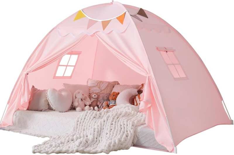 Full Size Kids Bed Canopy Tent, Large Pink Play Tent for Boys & Girls
