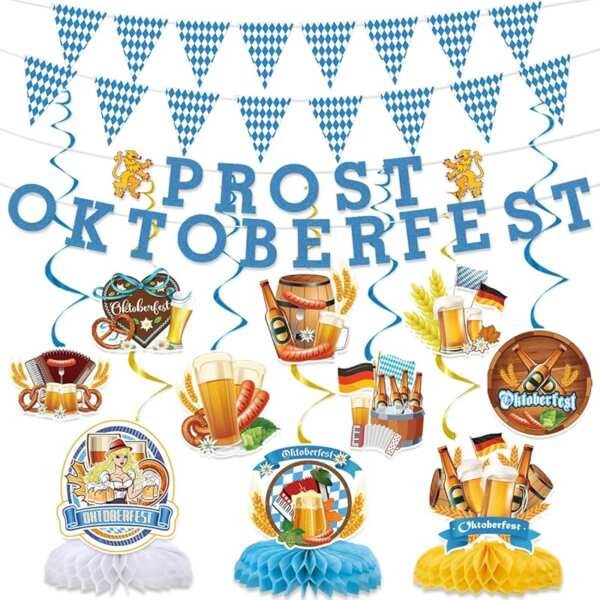 Oktoberfest Decorations: Glitter Banners, Swirls, Honeycomb Centerpiec