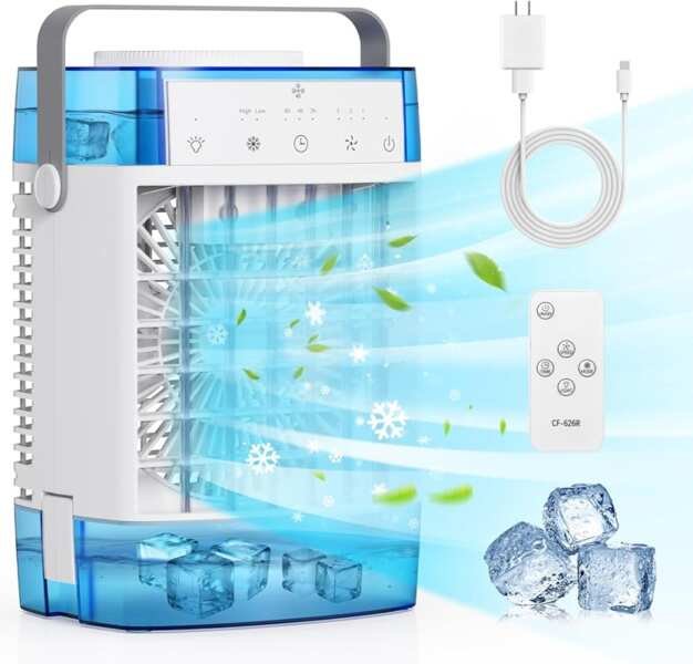 Blue 3-Speed Portable Air Conditioner: Evaporative Cooler Fan with Rem