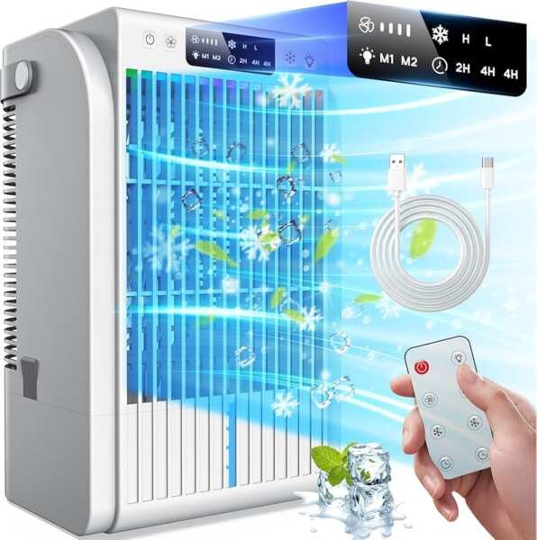 AI Evaporative Air Cooler Fan, Mini Room AC with Humidifier & 1500ML T