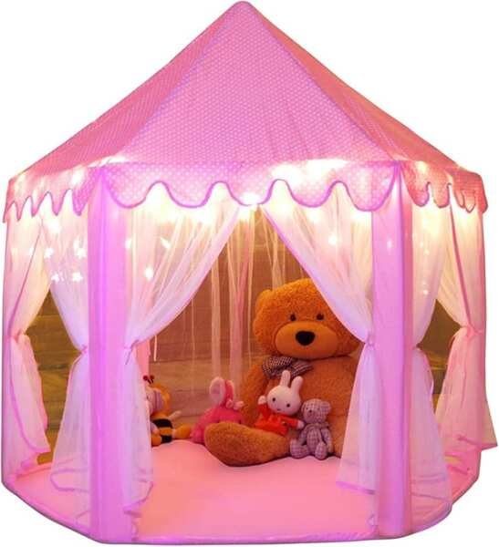 Princess Castle Play Tent with Star Lights for Girls & Kids – Indoor O