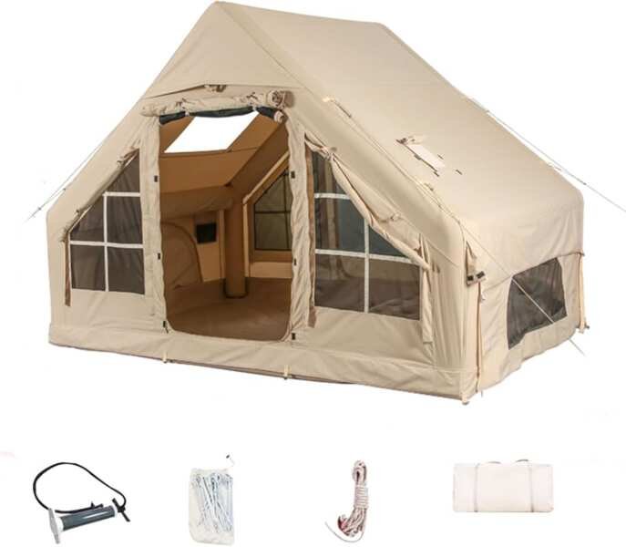 Windproof 4-Season Inflatable Air Tent with Hand Pump, Mesh & Chimney 