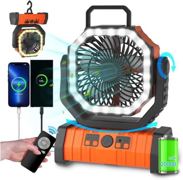 ADUST 20000mAh Rechargeable Portable Camping Fan with Remote, 4 Speeds