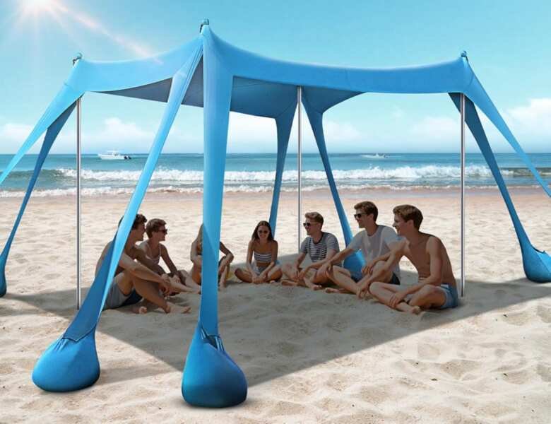 Rengue Beach Tent UPF50+ 10x10ft with Sandbags, Poles & Pegs for Outdoor Fun