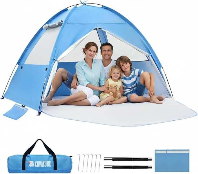 COVACURE Upgraded Beach Tent Sun Shelter for 3-4 Person, UPF 50+ UV Pr
