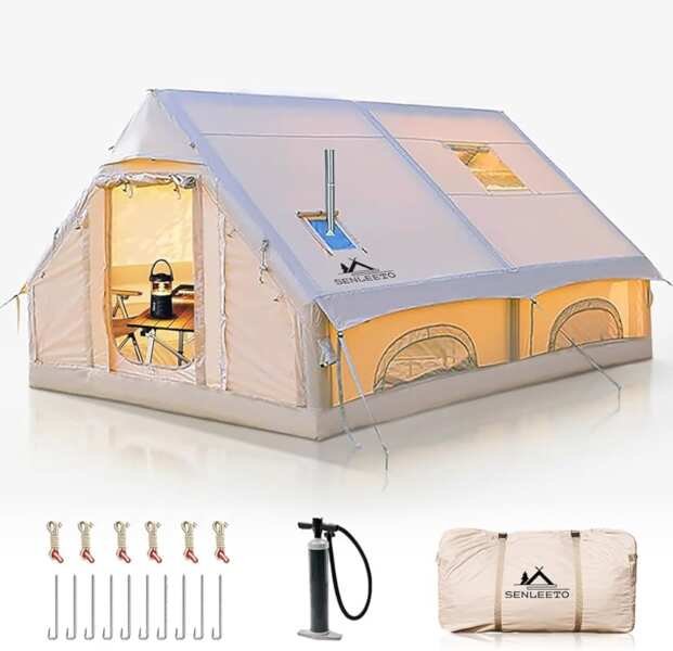 Spacious 8-10 Person Inflatable Camping Tent with Stove Jack, Mesh Win