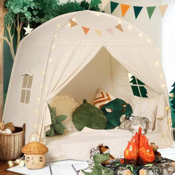 Large Kids Teepee Tent with Star Lights & Flags – Portable Indoor Outd