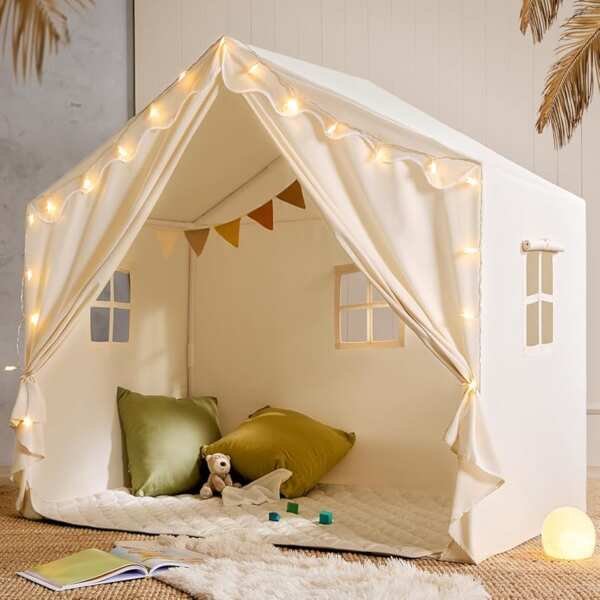 Kids Reading Nook Tent with Mat & Star Lights – Modern Indoor Playhous