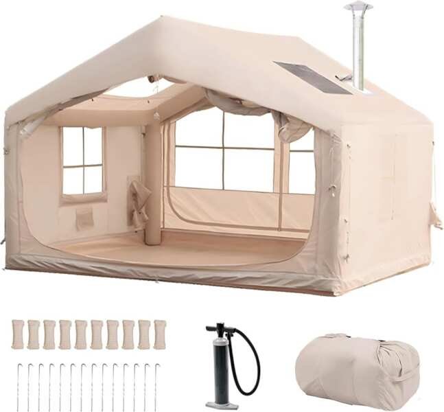 Inflatable Glamping Tent with Stove Jack, Cotton Canvas, 4-Season Use 