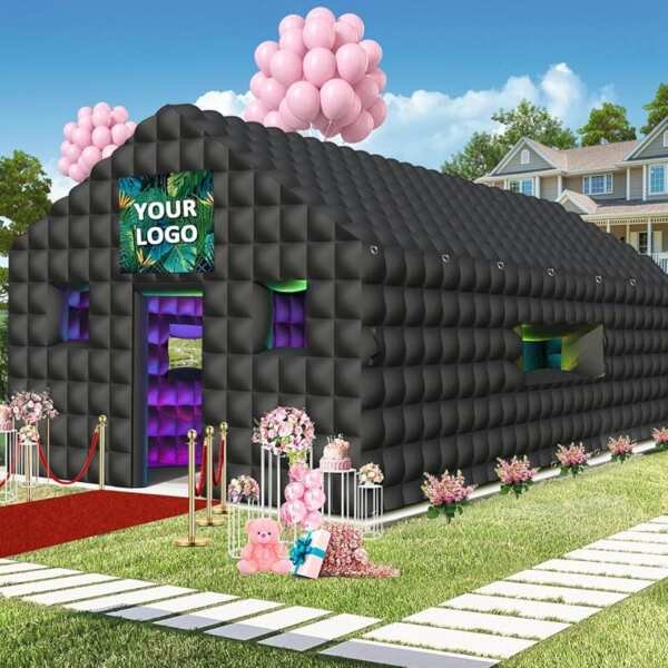 Large Black Inflatable Party Tent 20x16.8x12 Ft with 2 Doors & Logo Ar
