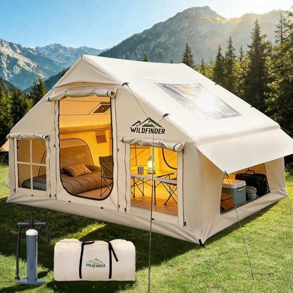 Inflatable Camp Tent with Skylight & Stove Jack, Waterproof Oxford Air