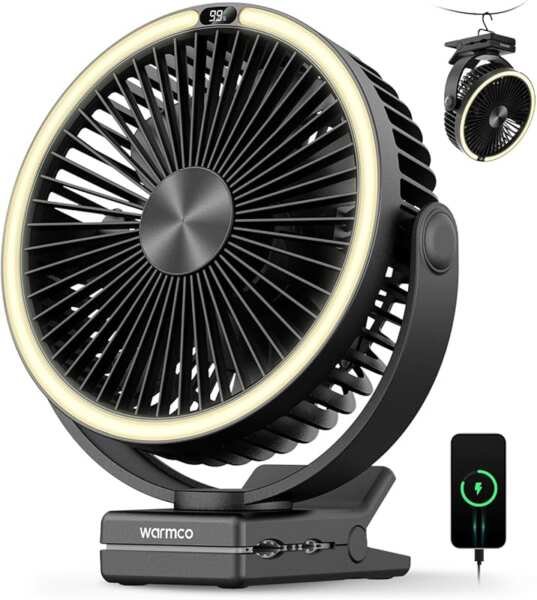 Warmco Clip-On Rechargeable Fan with 15000mAh Battery, LED Lantern & 3