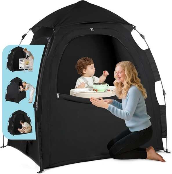 Blackout Tent for Pack and Play – One-Click Setup Blocks 95% Light, Br