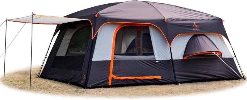 KTT 12-Person Extra Large Family Cabin Tent with 2 Rooms, 3 Doors, Wat