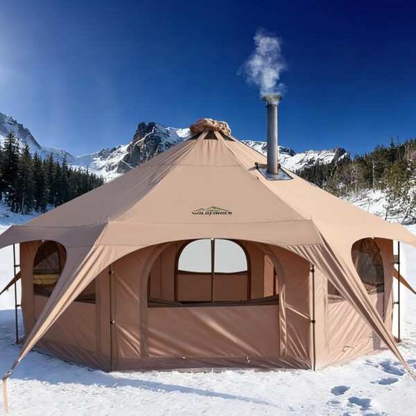 WildFinder 16.5ft Canvas Bell Tent with Stove Jack, 8 Mesh Windows & R
