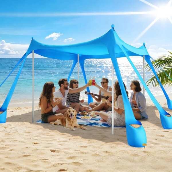 Sky Blue Beach Tent 10x10FT UPF50+ Sun Shade with Pop-Up Design & 8 Sandbags