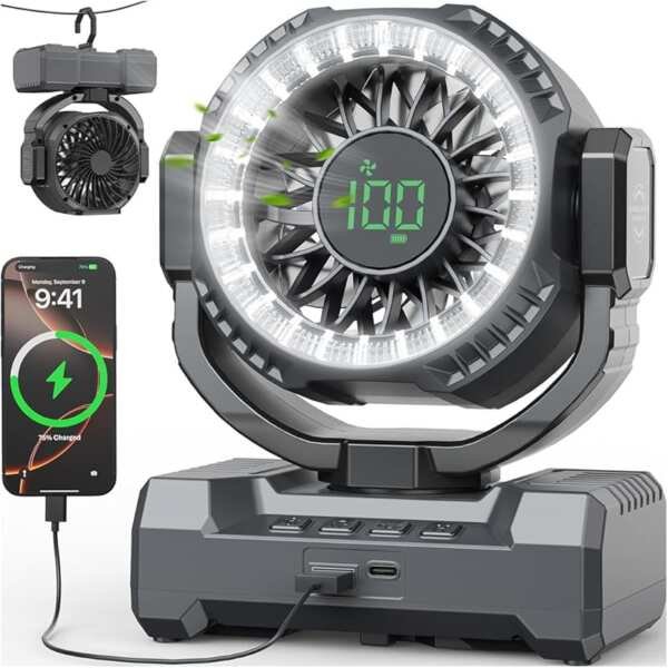 24000mAh Rechargeable Camping Fan with LED Lantern & Oscillation, 120°