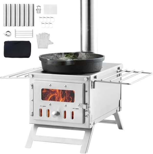 VEVOR Stainless Steel Camping Wood Stove with Chimney Pipes and Gloves