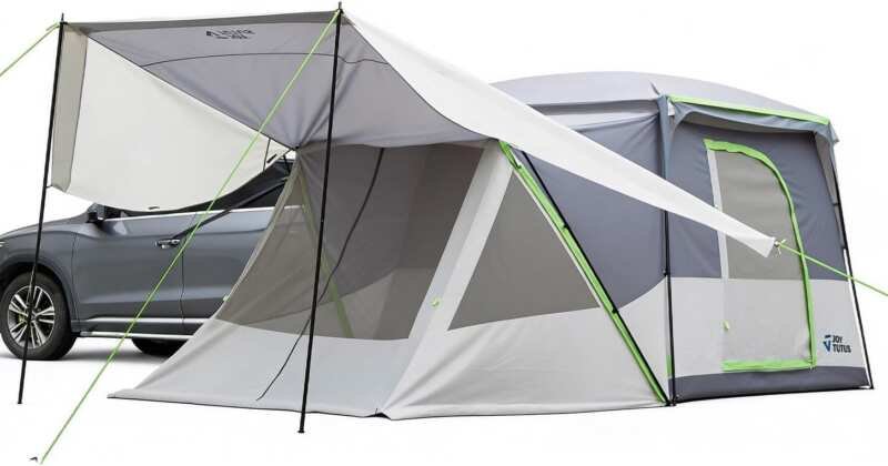 JOYTUTUS SUV Tent: Spacious 2-Room Family Camping Tent with Rainfly, Awning, and Mesh Roof