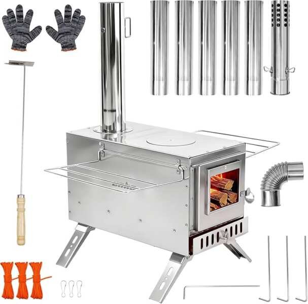 Unho 15in Stainless Hot Tent Stove with 6 Chimney Pipes Ideal for Camp