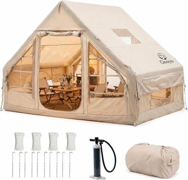 4-6 Person Inflatable Camping Tent with Skylight, Stove Jack & 5-Min S